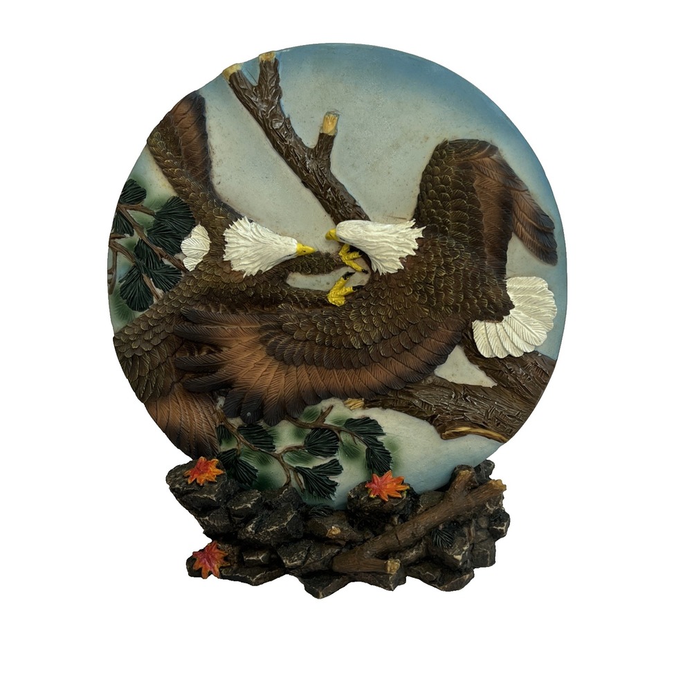 Eagle 3D Plate w/ Stand 7" Decorative Resin 2 Eagles Wings Spread Tree